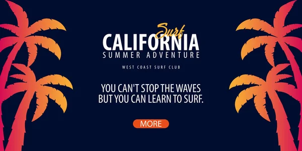 California Gráfico de surf con palmas. Club de surf Banner vectorial . — Archivo Imágenes Vectoriales