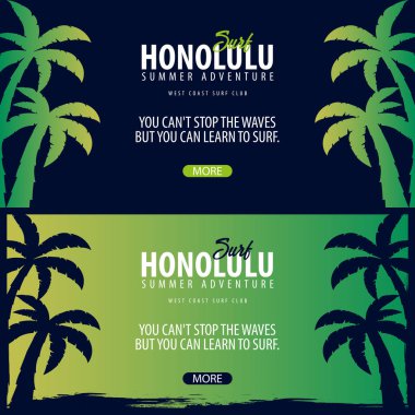 Avuç içi ile Hawaii sörf grafik. Surf club vektör afiş.