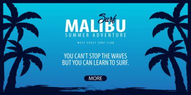 Avuç içi ile Malibu sörf grafik. Surf club vektör afiş.