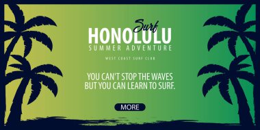Avuç içi ile Hawaii sörf grafik. Surf club vektör afiş.