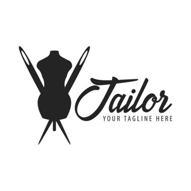 Terzi, dikiş, el yapımı logo veya amblem. Vektör çizim.