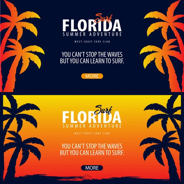 Florida Gráfico de surf con palmas. Club de surf Banner vectorial . — Archivo Imágenes Vectoriales