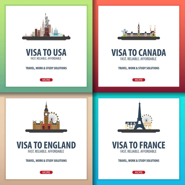 Visa para EE.UU., Canadá, Inglaterra, Francia. Documento para viajar. Centro de solicitud de visado . — Vector de stock
