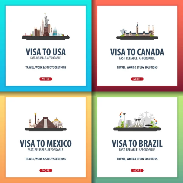 Visa para EE.UU., Canadá, México, Brasil. Documento para viajar. Centro de solicitud de visado . — Vector de stock