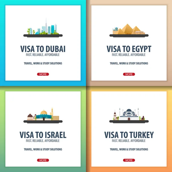 Θεώρηση προς Ντουμπάι, Ηνωμένα Αραβικά Εμιράτα, Αίγυπτος, Ισραήλ, Τουρκία. Το έγγραφο για το ταξίδι. Κέντρο αιτήσεων θεωρήσεων. — Διανυσματικό Αρχείο