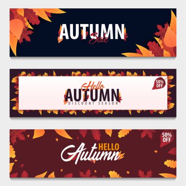 Sonbahar arka plan bir dizi satış veya promosyon posteri ve çerçeve belgesi veya web afiş alışveriş için yaprakları ile. Vektör çizim şablonu.
