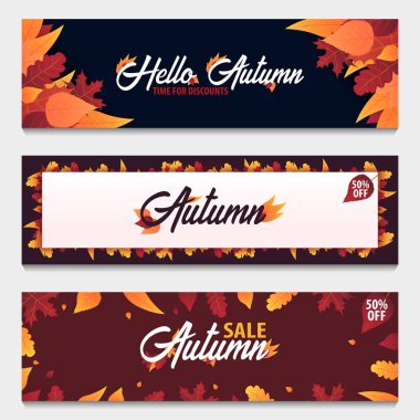 Sonbahar arka plan bir dizi satış veya promosyon posteri ve çerçeve belgesi veya web afiş alışveriş için yaprakları ile. Vektör çizim şablonu.