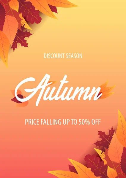 Fondo de otoño con hojas para la venta de compras o cartel promocional y folleto marco o banner web. Plantilla ilustrativa vectorial . — Vector de stock