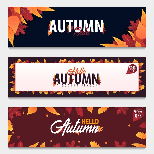Sonbahar arka plan bir dizi satış veya promosyon posteri ve çerçeve belgesi veya web afiş alışveriş için yaprakları ile. Vektör çizim şablonu.