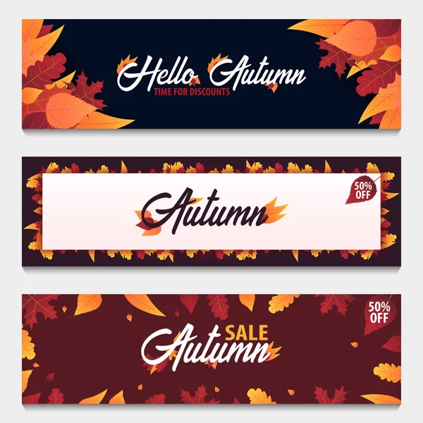 Sonbahar arka plan bir dizi satış veya promosyon posteri ve çerçeve belgesi veya web afiş alışveriş için yaprakları ile. Vektör çizim şablonu.