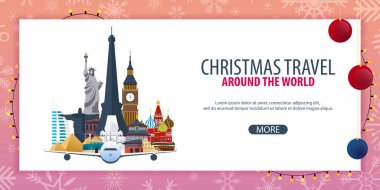 Noel Seyahat Dünya çapında. Kış seyahat. Vektör çizim.