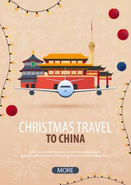 Çin, Beijing Noel seyahat. Kış seyahat. Vektör çizim.