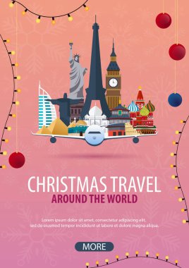 Noel Seyahat Dünya çapında. Kış seyahat. Vektör çizim.