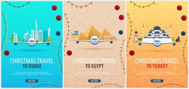 Dubai, Mısır, Brezilya'ya Noel seyahat posterler kümesi. Kış seyahat. Vektör çizim.
