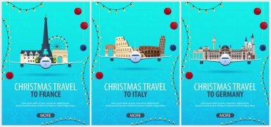 Fransa, İtalya, Almanya için Noel seyahat posterler kümesi. Kış seyahat. Vektör çizim.