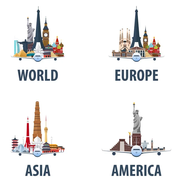 Utazási emblémák halmaza. Világ, Európa, Amerika, Ázsia. Nyaralás. Ország út. Utazás illusztráció. Modern vektor lapos. — Stock Vector