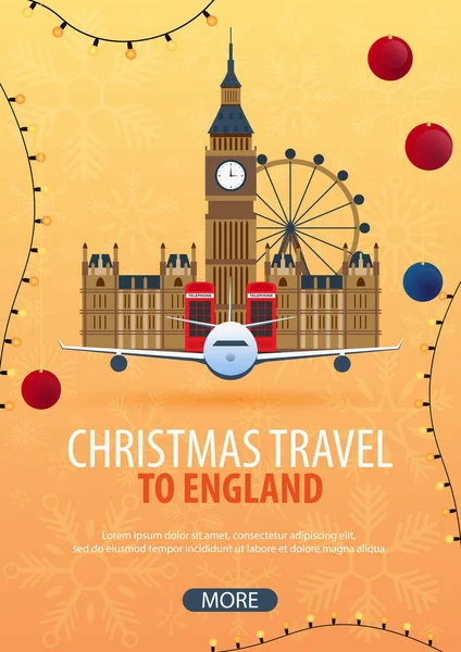 Boże Narodzenie podróży do Anglii, Londynu. Zimowych podróży. Ilustracja wektorowa. — Wektor stockowy