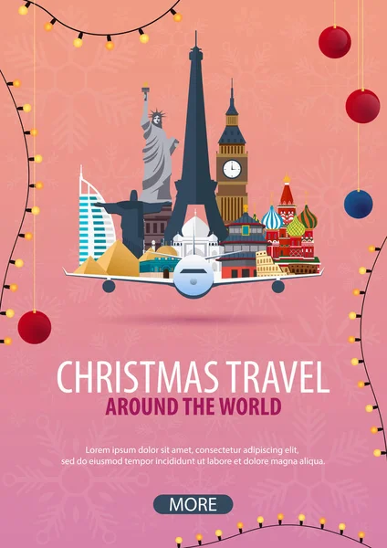 Noel Seyahat Dünya çapında. Kış seyahat. Vektör çizim.