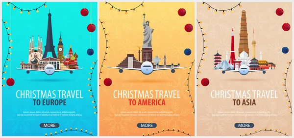 Set of Christmas Travel posters to America, Europe, Asia. Winter travel. Vector illustration. — Stock Vector