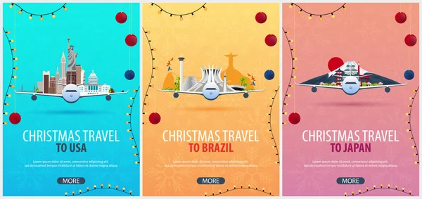 Set Kerst reizen posters te Usa, Brazilië, Canada. Winter reizen. Vectorillustratie. — Stockvector