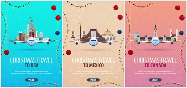 ABD, Meksika, Kanada için Noel seyahat posterler kümesi. Kış seyahat. Vektör çizim.