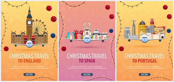 Noel seyahat posterler İngiltere, İspanya, Portekiz için kümesi. Kış seyahat. Vektör çizim.