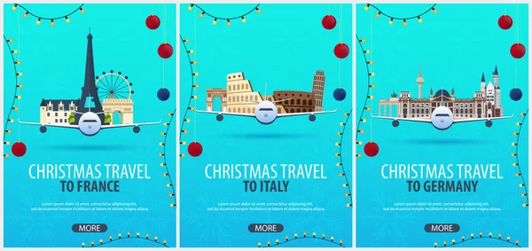 Набор рождественских постеров во Францию, Италию, Германию. Зимнее путешествие. Векторная иллюстрация . — стоковый вектор