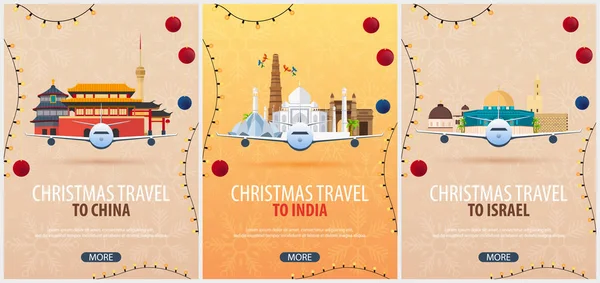 Σετ αφισών Χριστούγεννα ταξίδια στην Κίνα, Ινδία, Ισραήλ. Χειμερινό ταξίδι. Εικονογράφηση διάνυσμα. — Διανυσματικό Αρχείο