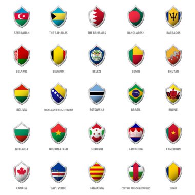 Metal parlak kalkan vektör çizim bayrakları kümesi.