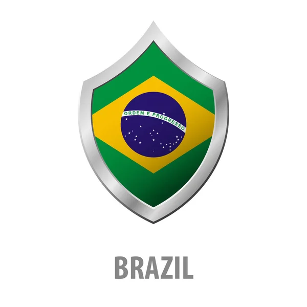 Bandera de Brasil en metal brillante escudo vector ilustración . — Vector de stock