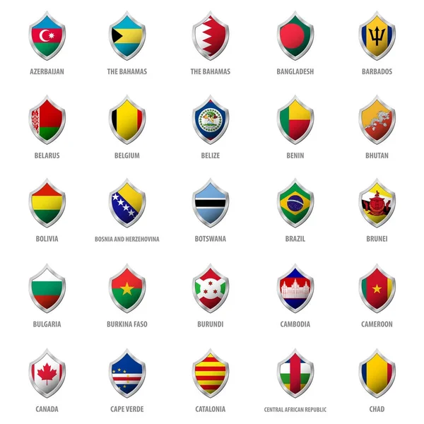 Metal parlak kalkan vektör çizim bayrakları kümesi.