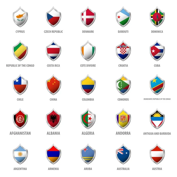Metal parlak kalkan vektör çizim bayrakları kümesi.