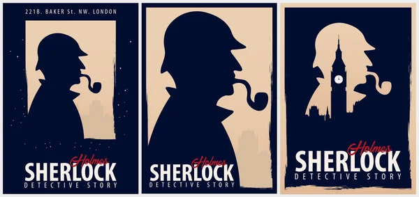 Uppsättning av Sherlock Holmes affischer. Detektiv illustration. Illustration med Sherlock Holmes. Baker street 221b. London. Stora Ban. — Stock vektor