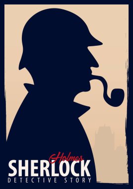 Sherlock Holmes poster. Dedektif illüstrasyon. Resimde Sherlock Holmes ile. 221b Baker Sokağı. Londra. Büyük yasağı.