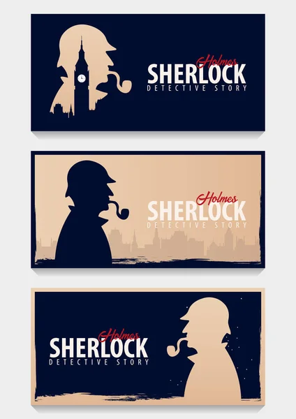 Uppsättning av Sherlock Holmes banners. Detektiv illustration. Illustration med Sherlock Holmes. Baker street 221b. London. Stora Ban. — Stock vektor