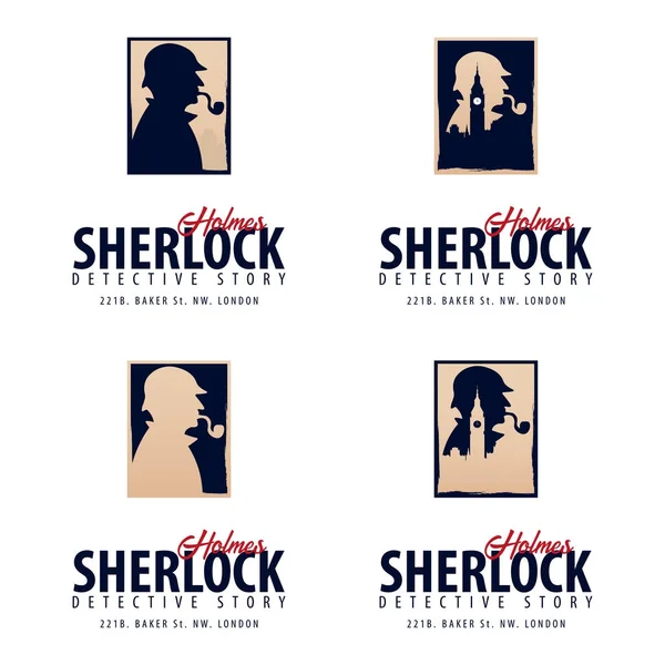 Conjunto de logos o emblemas de Sherlock Holmes. Ilustración detective. Ilustración con Sherlock Holmes. Calle Baker 221B. Londres. Gran Prohibición . — Archivo Imágenes Vectoriales