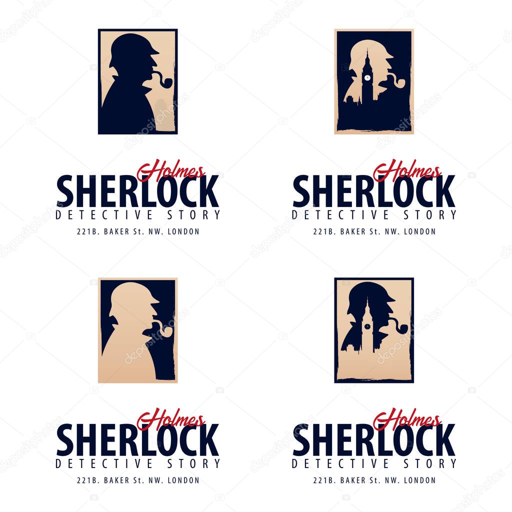 Set of Sherlock Holmes logos or emblems. Detective illustration. Illustration with Sherlock Holmes. Baker street 221B. London. Big Ban.