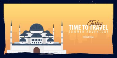 Türkiye'de afiş. Seyahat zamanı. Yolculuk, gezi ve tatil. Vektör düz çizim.