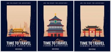 Posterler seyahat Çin'e ayarlayın. Yolculuk, gezi ve tatil. Vektör seyahat çizim.