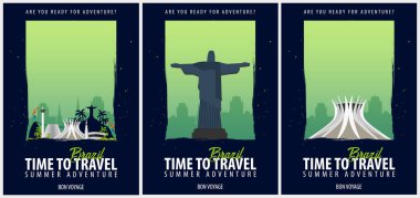 Posterler seyahat Brezilya için ayarlayın. Yolculuk, gezi ve tatil. Vektör seyahat çizim.