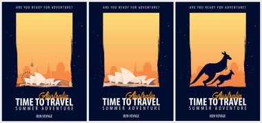 Avustralya posterler seyahat ayarlayın. Yolculuk, gezi ve tatil. Vektör seyahat çizim.