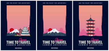 Japonya posterler seyahat ayarlayın. Yolculuk, gezi ve tatil. Vektör seyahat çizim.