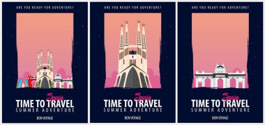 Posterler seyahat İspanya için ayarlayın. Yolculuk, gezi ve tatil. Vektör seyahat çizim.