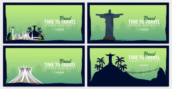 Uppsättning av resor banners till Brasilien. Tid att resa. Resa, resa och semester. Flat vektorillustration. — Stock vektor