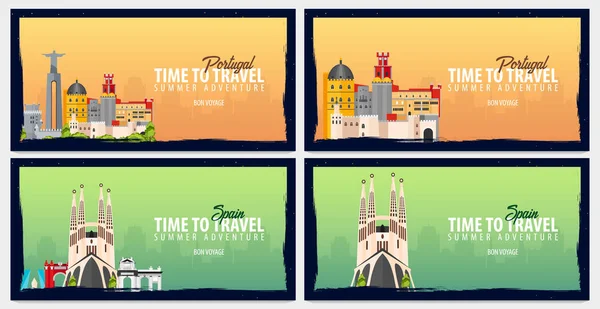 Набор дорожных знамен в Португалию и Испанию. Время путешествовать. Путешествие, поездка и отпуск. Векторная плоская иллюстрация . — стоковый вектор