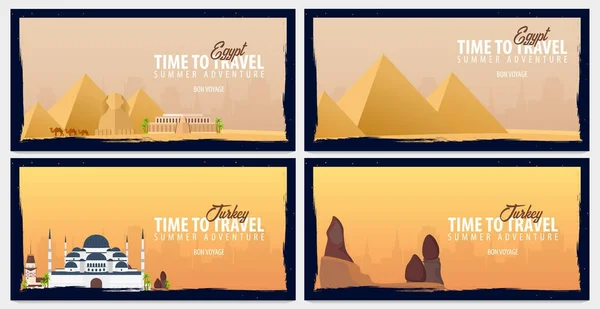 エジプトとトルコへ旅行バナーのセットです。時間旅行。旅、旅行、休暇。ベクトル フラット図. — ストックベクタ