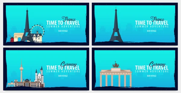 Набор дорожных знамен во Францию и Германию. Время путешествовать. Путешествие, поездка и отпуск. Векторная плоская иллюстрация . — стоковый вектор
