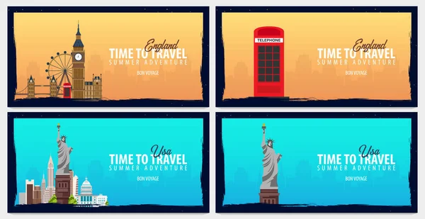 Набор дорожных знамен в Англию и США. Время путешествовать. Путешествие, поездка и отпуск. Векторная плоская иллюстрация . — стоковый вектор