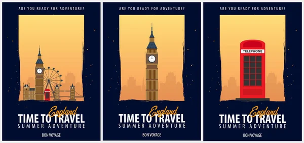 Набор плакатов Путешествие в Англию. Путешествие, поездка и отпуск. Векторная иллюстрация . — стоковый вектор