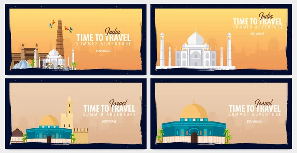 Uppsättning av resor banners till Indien och Israel. Tid att resa. Resa, resa och semester. Flat vektorillustration. — Stock vektor